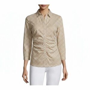 Lafayette 148 New York Beige Gingham Button Down Shirt